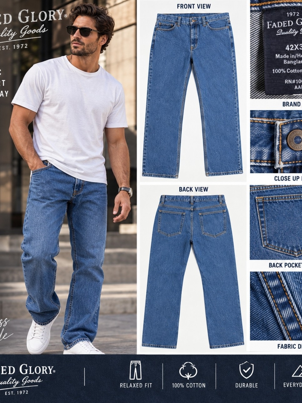 Faded Glory Jeans Mens 42x30 Relaxed Fit Blue Denim 100% Cotton Straight Leg
